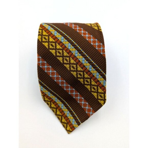 Vintage 60s 70s Men's Tie Brown Yellow Blue Striped - Picture 2 of 9